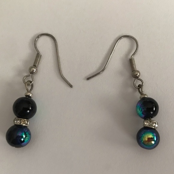 New Handmade by Artist Earrings Blue Beads Faux Diamonds - Picture 8 of 16